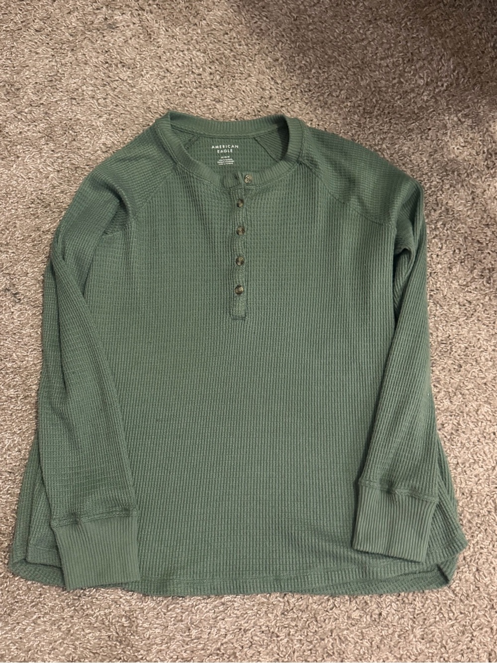 American Eagle Outfitters womens Green Waffle Henley Long-Sleeve Shirt